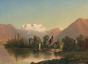 Castello di Schadau con chiesa di Scherzlingen e Blüemlisalp (1871) da Ferdinand Hodler